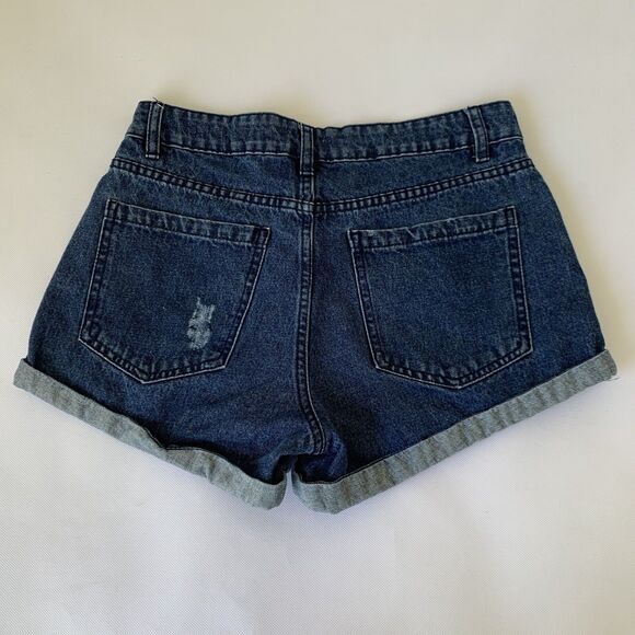 Cotton On Mid Saturday Denim Shorts Women 4 Dark  Roll Cuff Distressed Festival - Picture 2 of 8